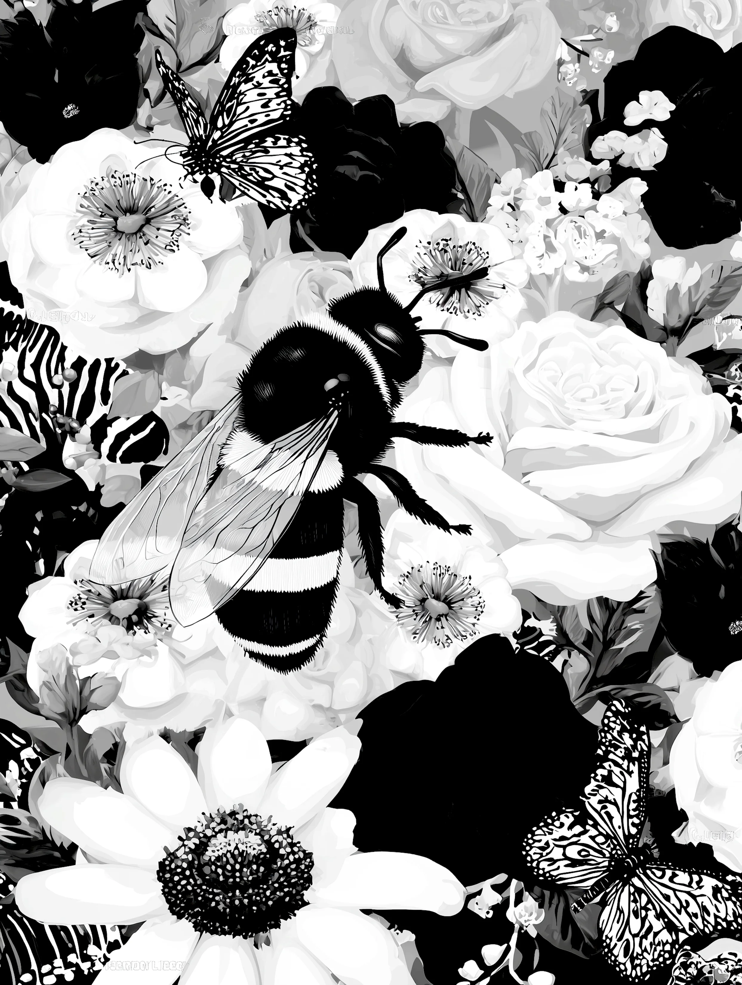 Free printable bee coloring page for adults featuring flowers with a climbing bee